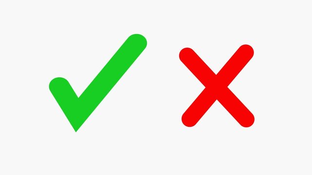 check mark and Cross icon animation on white screen background. yes no icon, Tick mark, checkmark sign, approved, cross symbol, cancel, reject, accept, confirm, success, fail, ok.