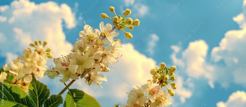 Aufkleber flowering chestnuts set against a backdrop of a blue sky with fluffy clouds offering copy space imag