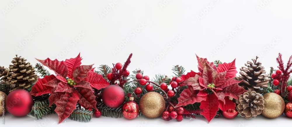 Poster Festive border featuring poinsettias and holiday ornaments set against a white backdrop designed for adding text in a copy space image