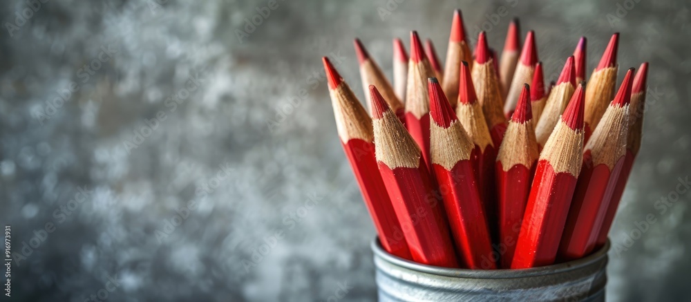 Poster red sharp wooden pencils placed in a metal tin on a gray background with focus on the pencils ideal 