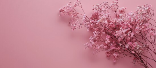 Small delicate pink flowers on a pink background evoke a spring feel a feminine and cute arrangement with dried flowers in a bouquet on a pink background with copy space image