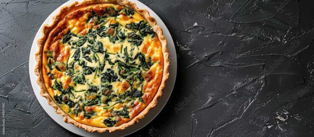 Poster Top view of a homemade spinach quiche on a white plate against a black background with copy space image available