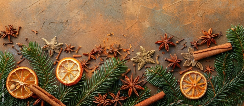Poster festive holiday spices and lush green fir tree intertwined in a copy space image