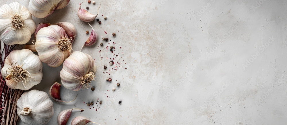 Poster A garlic placed on a plain white backdrop with empty space surrounding it for text or other elements in the image. Creative banner. Copyspace image