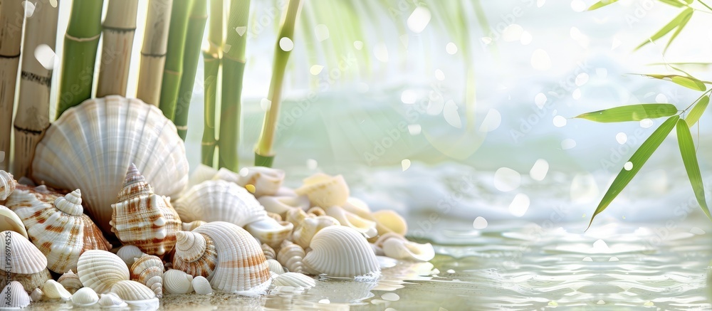 Leinwandbilder background featuring sea shells and bamboo providing a calming effect with a copy space image