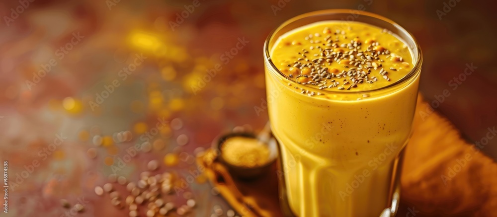 Aufkleber a glass with a yellow beverage topped with seeds on a bright backdrop with selective focus ideal as 