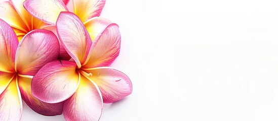 Fototapeta premium Frangipani plumeria flower in pink and yellow with separate petals against a white background ideal for copy space image