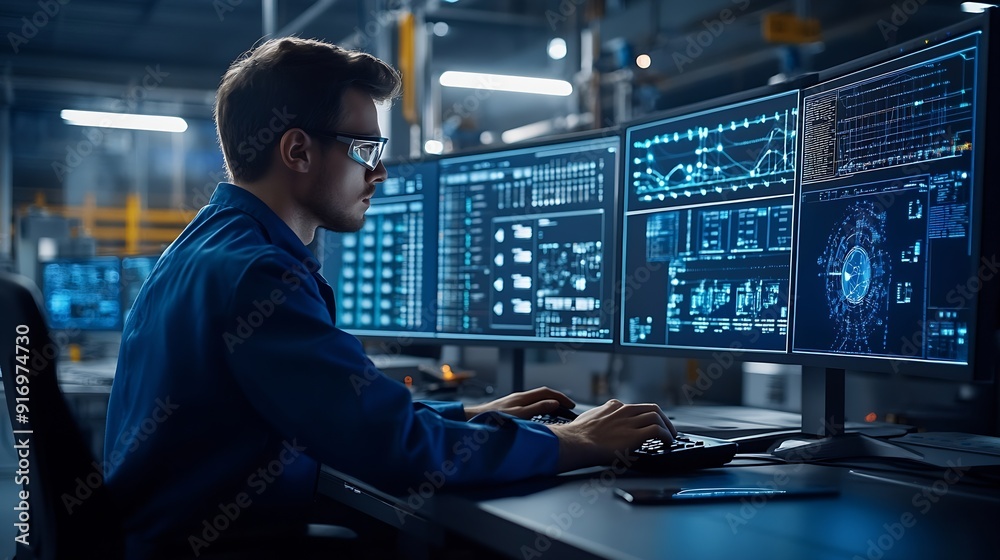 Aufkleber Professional engineering Industry 40 Modern Factory Project Engineer Operator who Controls Facility Production Line Uses Computer with Screens Showing AI Machine Learning Enhanced Asse : Generative AI