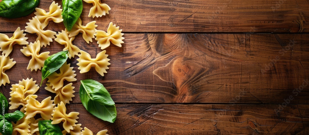 Poster a pleasing top view of farfalle and fresh basil leaves on a wooden table with copy space for text
