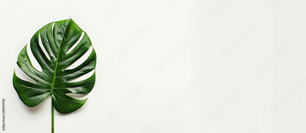 Poster top down view of a vibrant tropical monstera leaf against a clean white backdrop featuring ample cop