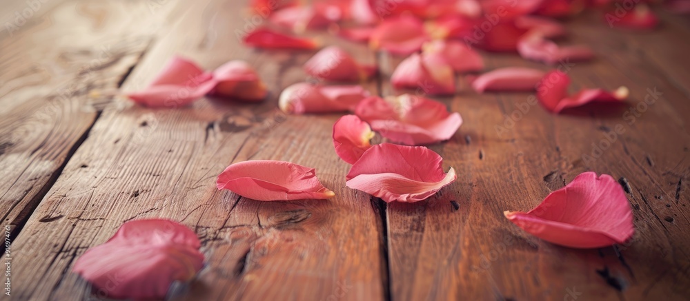 Poster romantic setting with a sweet pink rose petal backdrop on a wooden floor in oak color perfect for a 