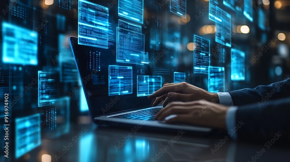 Fototapete Businessmen use laptops to access information in online documents through the protection systemDocument Management System DMS online documentation database and digital file storage sys : Generative AI