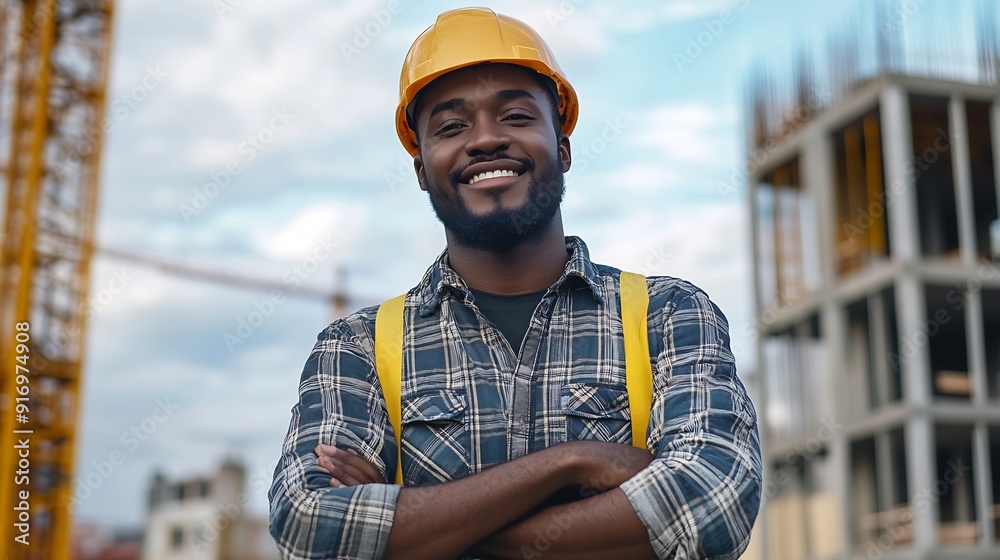 Poster Architect portrait proud and happy black man real estate developer or property contractor with pride in career Architecture engineering mockup sky or construction worker success with c : Generative AI