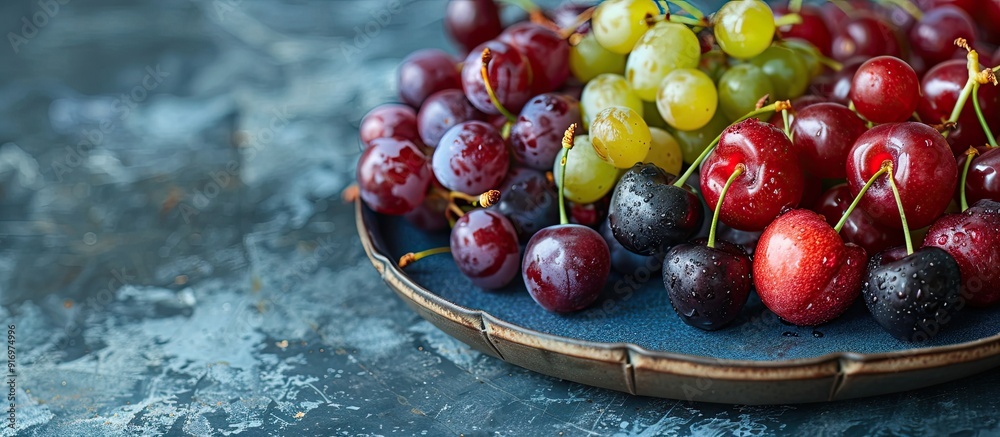 Poster a plate featuring cherries and grapes with copy space image available