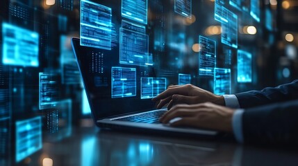 Fototapeta premium Businessmen use laptops to access information in online documents through the protection systemDocument Management System DMS online documentation database and digital file storage sys : Generative AI