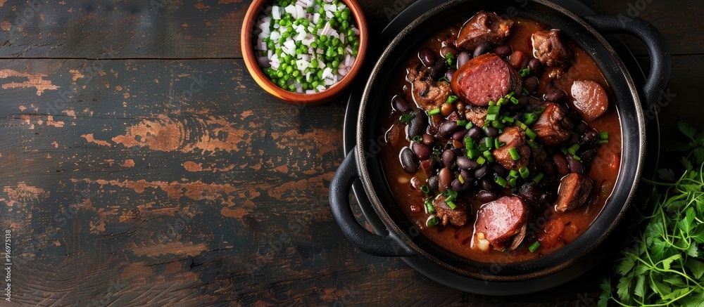 Aufkleber Top view of Feijoada a traditional Brazilian dish made with black beans pork and sausage with copy space image available for text or graphics