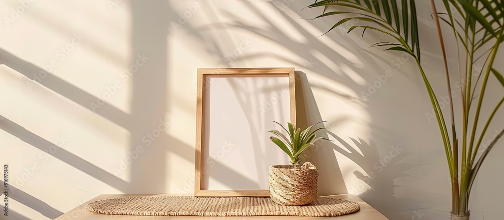 Aufkleber Table with a wicker mat plant and an empty frame against a bright wall creating a serene copy space image