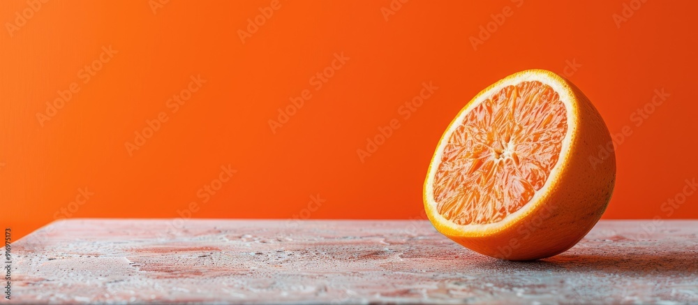 Poster Orange citrus fruit on a stone table with a plain orange background providing ample copy space for an image