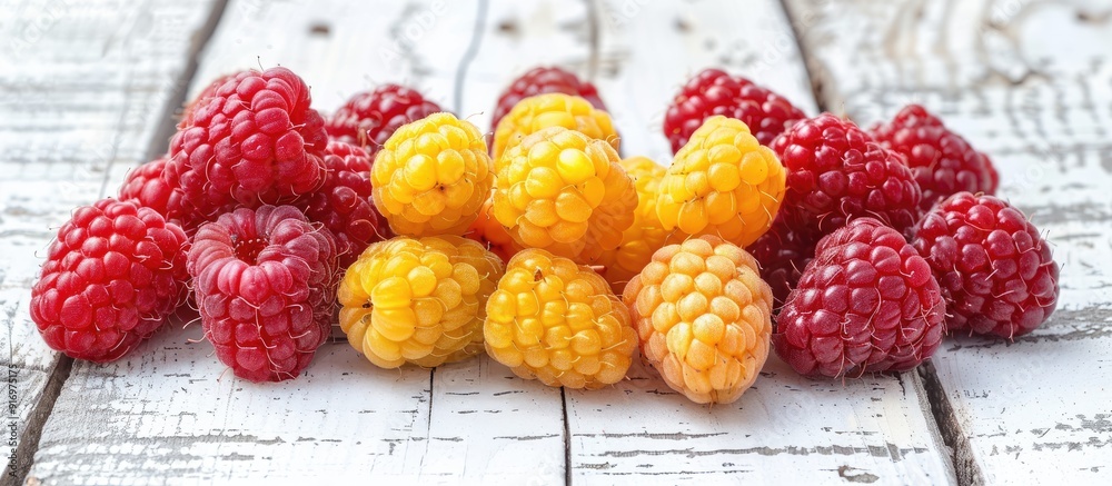 Aufkleber rare red and yellow raspberries displayed on a white wooden table with a clear area for text or othe