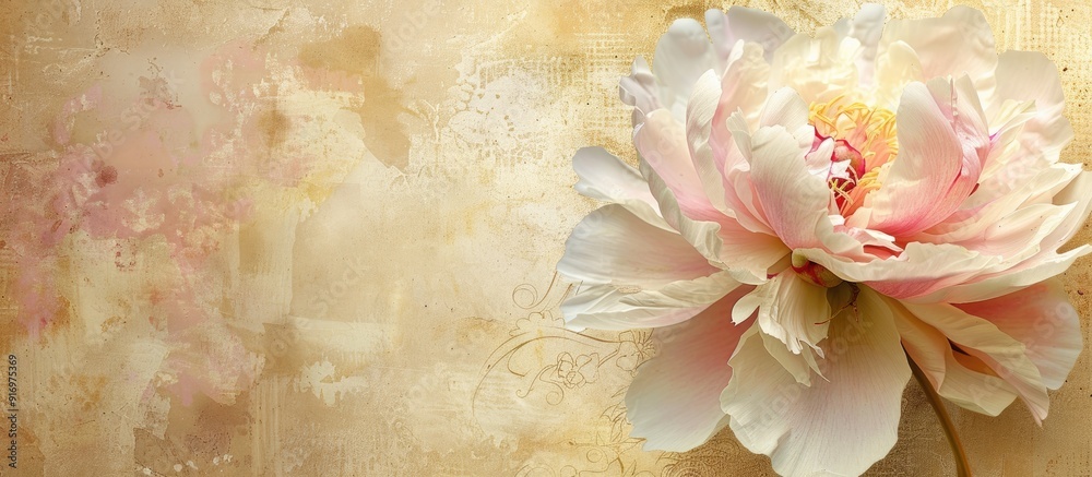 Poster a single pink and white peony in vintage painting style on a textured golden canvas or paper backgro