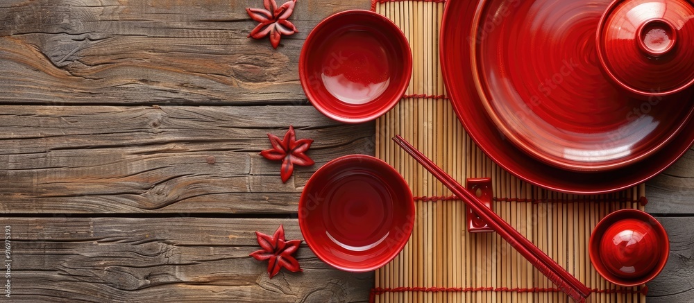 Aufkleber japanese kitchenware set of red chopsticks bowls and cup arranged on a bamboo mat and wooden table w