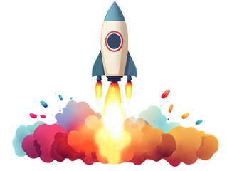 Colorful cartoon rocket launching with vibrant smoke, symbolizing creativity, innovation, and success. Ideal for educational and inspirational themes.