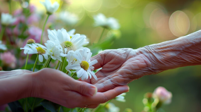 Hospice and Palliative Care Month. Patient with arthrosis holds flower in hands. Day of Persons with Disability, ageing society care service, support for incurable patients, care for the elderly
