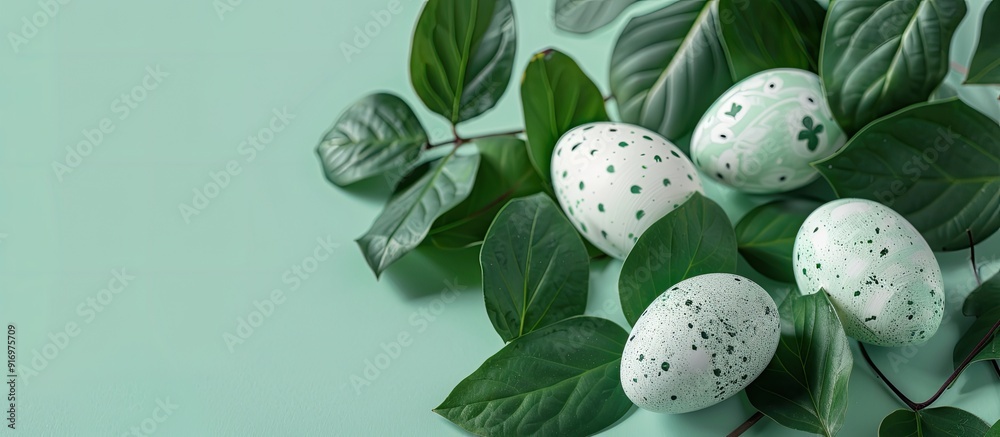 Aufkleber easter greeting card featuring eggs and green leaves on a stylish mint backdrop with a detailed clos