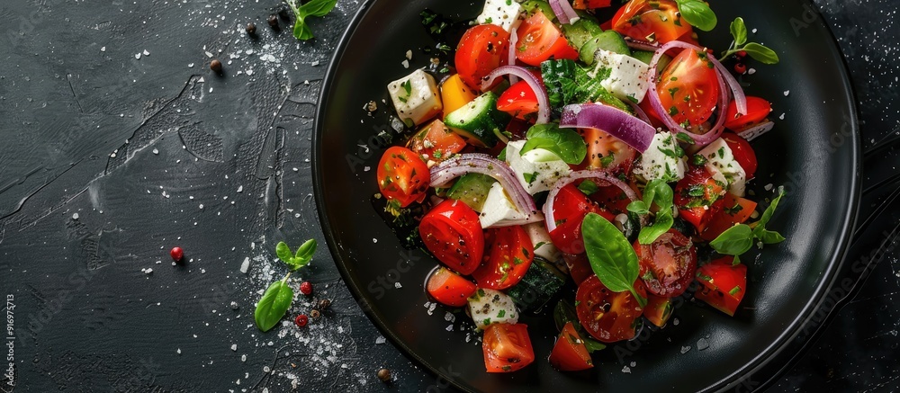 Aufkleber greek salad served on a black plate with ample copy space image for presentation