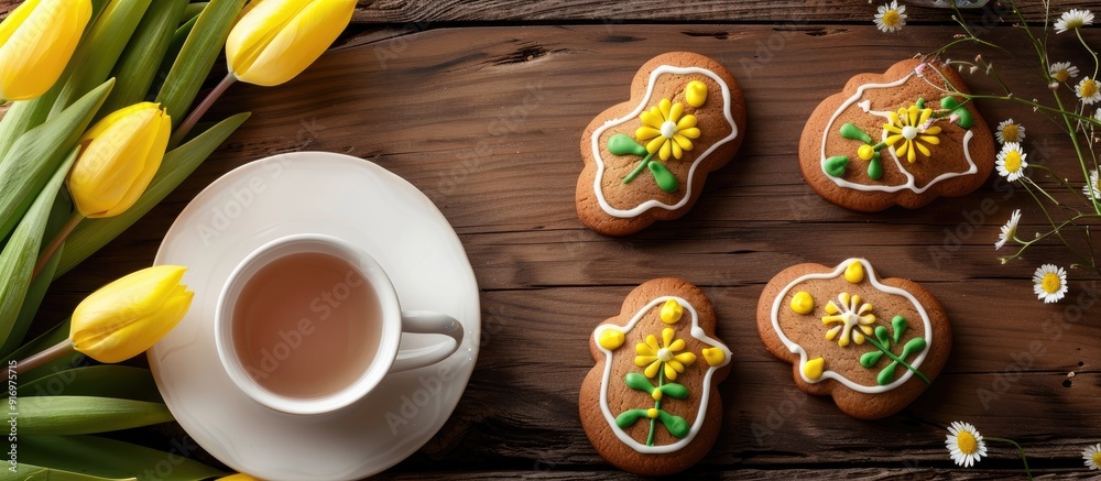 Poster top view photo of easter themed gingerbread cookies a teacup on a wooden table and yellow tulips per