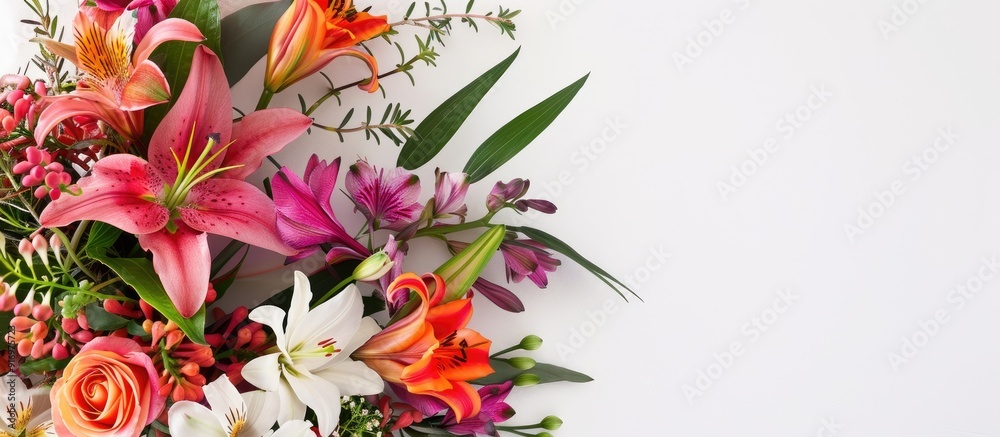 Aufkleber A floral arrangement featuring lilies freesias arums with a blank space for adding text or other images known as a copy space image