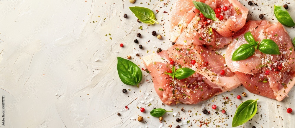 Poster raw pork meat seasoned with salt pepper basil and thyme on a food background with ample copy space i