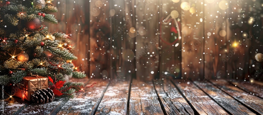 Poster A wooden background with a festive frame featuring artificial snow creating a cozy winter ambiance wooden Christmas tree adorned with artificial snow perfect for a copy space image