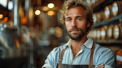 Confident male brewery worker wearing an apron in a craft beer brewery with barrels in the background