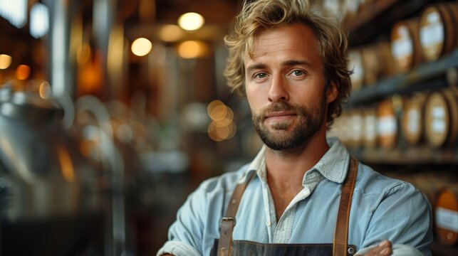 Confident male brewery worker wearing an apron in a craft beer brewery with barrels in the background