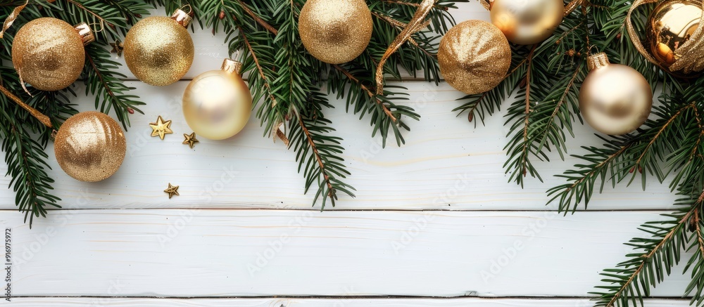 Aufkleber gold christmas ornaments shining on lush green fir branches against a white wooden backdrop in a fla