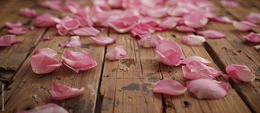 Poster romantic setting with a sweet pink rose petal backdrop on a wooden floor in oak color perfect for a 