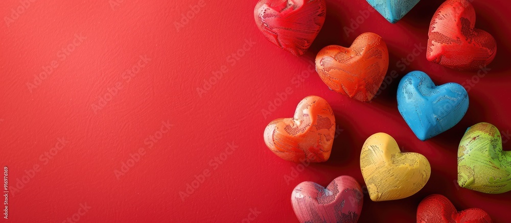 Poster valentine s day or wedding themed greeting card featuring colorful hearts on a red backdrop with cop