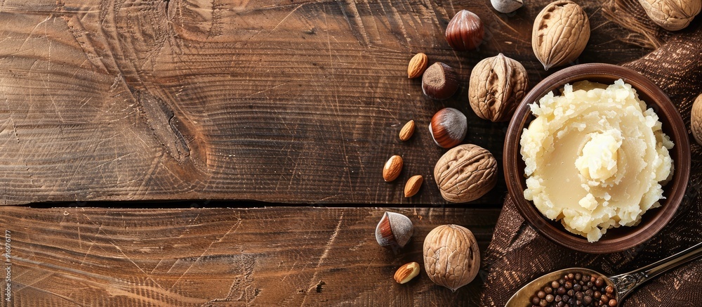 Poster on the table there are nuts beside a bowl filled with shea butter ideal for adding text in the copy 