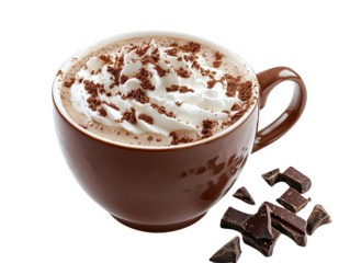 Delicious hot chocolate with whipped cream in a brown cup, topped with chocolate shavings, accompanied by dark chocolate chunks.