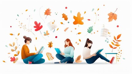 A lively fall study group with students ready to take notes, notebooks open and autumn leaves scattered around