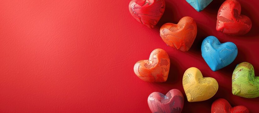 Valentine s Day or wedding themed greeting card featuring colorful hearts on a red backdrop with copy space image for personalization