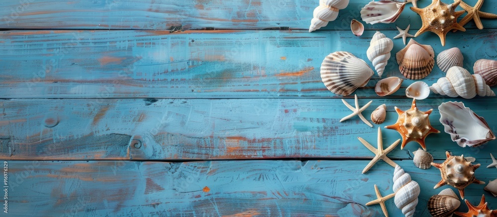 Poster seashells on blue wood create a seaside vacation vibe with a copy space image on wooden planks