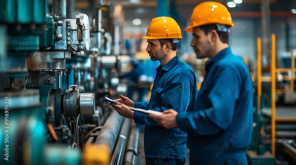 Poster industrial factory with men at work concept professional engineer foreman inspector talking in busin