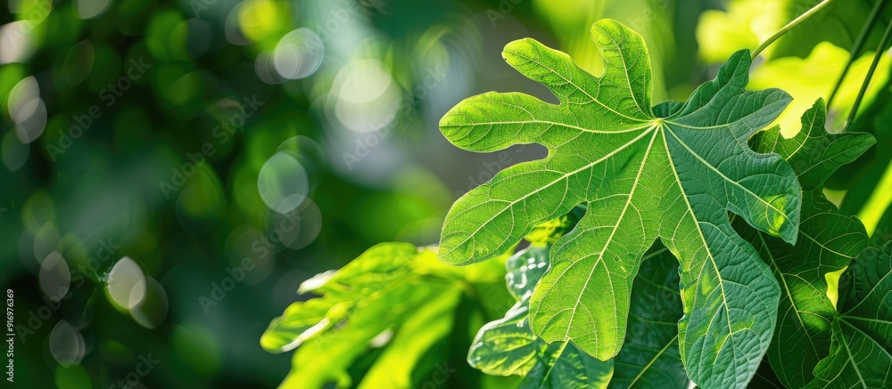 Aufkleber nature view of a papaya leaf against a green garden backdrop with copy space image for a fresh wallp