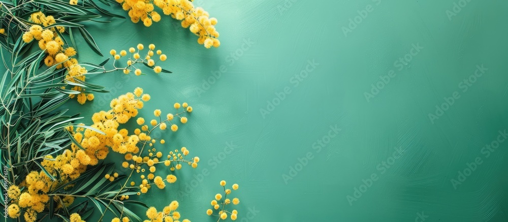 Poster floral arrangement featuring mimosa flowers on a green backdrop for text in a flat lay copy space im
