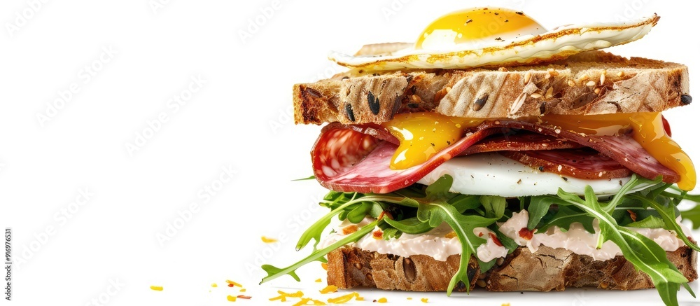 Poster sandwich with salami arugula cheese and egg on rye bread on a white background for toning with copy 