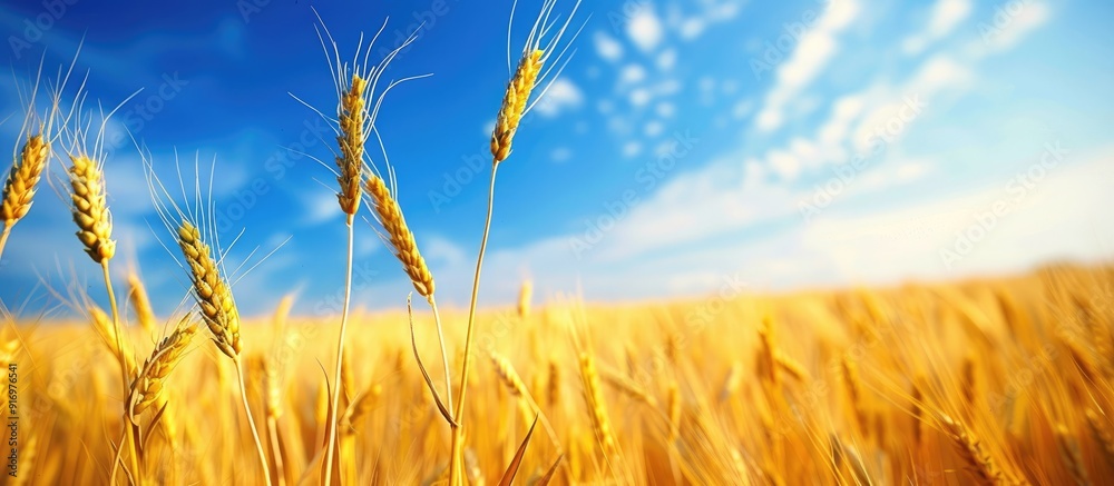 Poster wheat ears in a golden field with a blue sky backdrop for copy space image