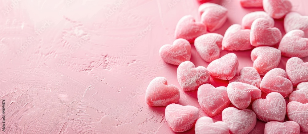 Poster valentine s day themed image with heart shaped candies on a pink backdrop offering empty space for a