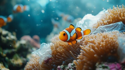 Beautiful coral reef with sea anemones and clownfish polluted with plastic bag  environmental protection concept : Generative AI